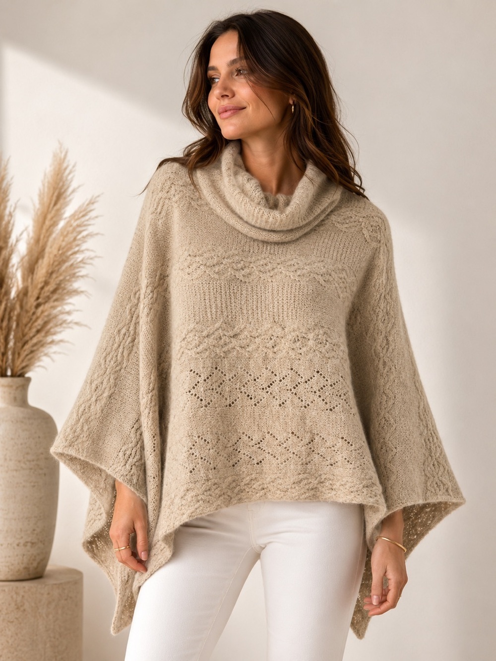 Made in Italy Wool Cashmere Cowl Neck Cable Knit Poncho | Oatmeal | One Size